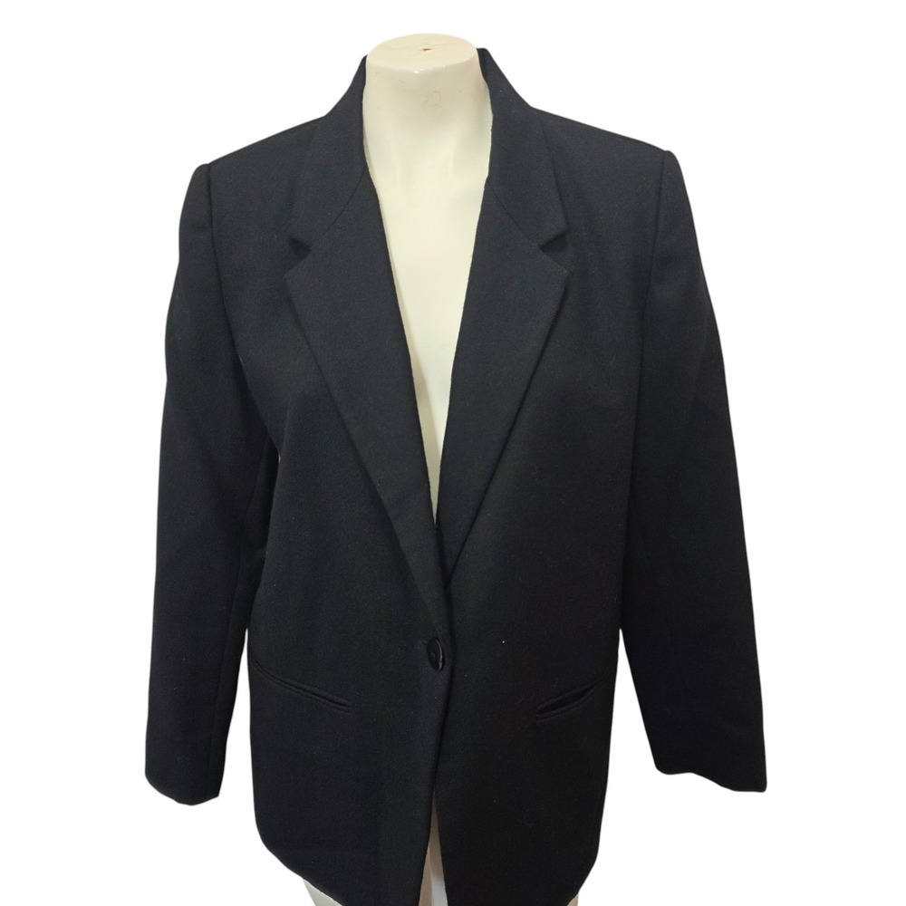 Sag Harbor Petite Blazer Womens 14P Black 100% Wool Single Button Career Jacket